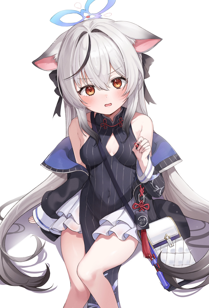 1girl 2k_(tldntkfkdro) absurdres animal_ears black_dress black_hair blue_archive blue_halo blush breasts china_dress chinese_clothes dress feet_out_of_frame grey_hair grey_jacket hair_between_eyes halo highres jacket kokona_(blue_archive) long_hair long_sleeves looking_at_viewer multicolored_hair open_clothes open_jacket open_mouth orange_eyes simple_background small_breasts solo streaked_hair striped_clothes striped_dress striped_jacket textless_version tiger_ears vertical-striped_clothes vertical-striped_dress vertical-striped_jacket white_background