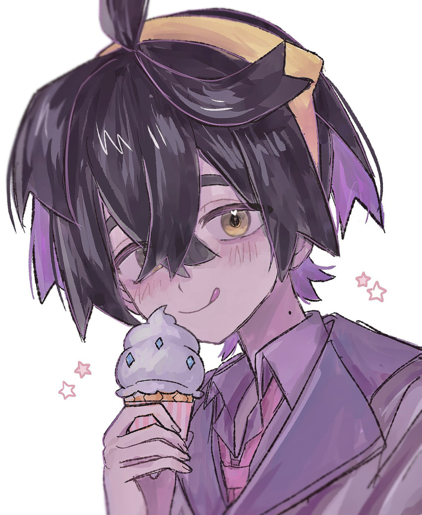 1boy :q ahoge black_hair closed_mouth colored_inner_hair crossed_bangs food gayu_501_(usami_501) gradient_hair hair_between_eyes hairband heart heart_in_eye highres holding holding_ice_cream_cone ice_cream ice_cream_cone kieran_(pokemon) looking_at_viewer male_focus mole mole_on_neck multicolored_hair pokemon pokemon_sv purple_hair short_hair simple_background smile solo star_(symbol) suit symbol_in_eye tongue tongue_out two-tone_hair upper_body white_background yellow_eyes yellow_hairband