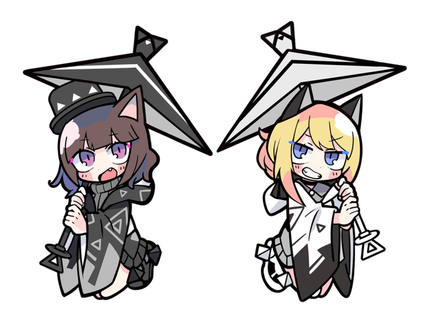 2girls animal_ears bare_legs black_choker black_coat black_footwear black_headwear black_hood black_raincoat black_skirt black_sleeves black_umbrella blonde_hair blunt_bangs blush_stickers brown_hair buttons cat_ears character_request check_copyright choker coat collared_dress copyright_request dress ear_covers eyelashes fang full_body grey_dress grey_sweater grin hat holding holding_umbrella hololive hood hood_down hooded_coat long_hair long_sleeves medium_hair miniskirt multiple_girls open_mouth ponytail purple_eyes raincoat shoes short_dress simple_background single_ear_cover skirt smile sneakers sweater sweater_dress sweater_skirt terada_tera top_hat triangle_print turtleneck turtleneck_sweater umbrella v-shaped_eyebrows white_background white_coat white_hood white_raincoat white_sleeves white_umbrella wide_sleeves