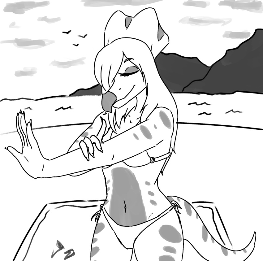 2024 5_fingers anthro beach beach_towel bikini black_and_white cavemanon_studios ceratopsian claws clothing dinosaur eyelashes eyes_closed female finger_claws fingers hair hair_over_eye hi_res i_wani_hug_that_gator jacket_ignites kiara_(iwhtg) long_hair monochrome navel one_eye_obstructed ornithischian outside reptile scalie sea seaside side-tie_bikini sketch smile snout solo string_bikini swimwear towel water