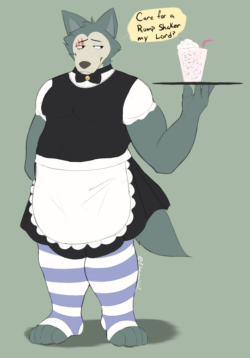 anthro beastars beverage canid canine canis chromawolf clothing hi_res legoshi_(beastars) legwear maid_apron maid_uniform male mammal milkshake muscular muscular_male scar solo thigh_highs uniform wolf