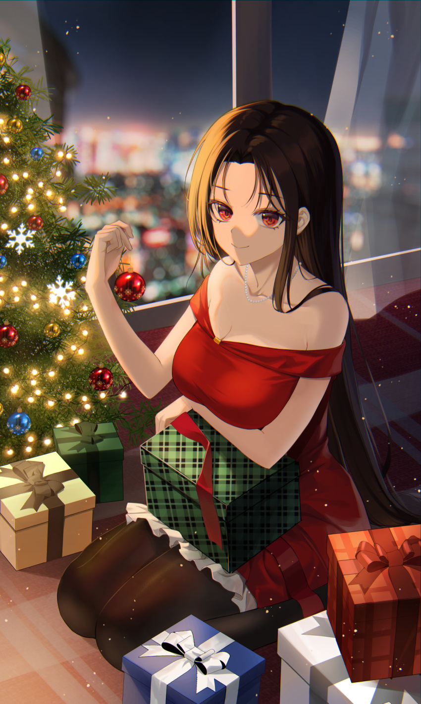 1girl black_pantyhose blurry blurry_background breasts brown_hair chiya_(inae129) christmas christmas_ornaments cleavage closed_mouth collarbone commentary dress gift highres jewelry large_breasts light_particles long_hair looking_at_viewer necklace night off-shoulder_dress off_shoulder original pantyhose red_eyes seiza shadow sitting smile snowflakes very_long_hair window