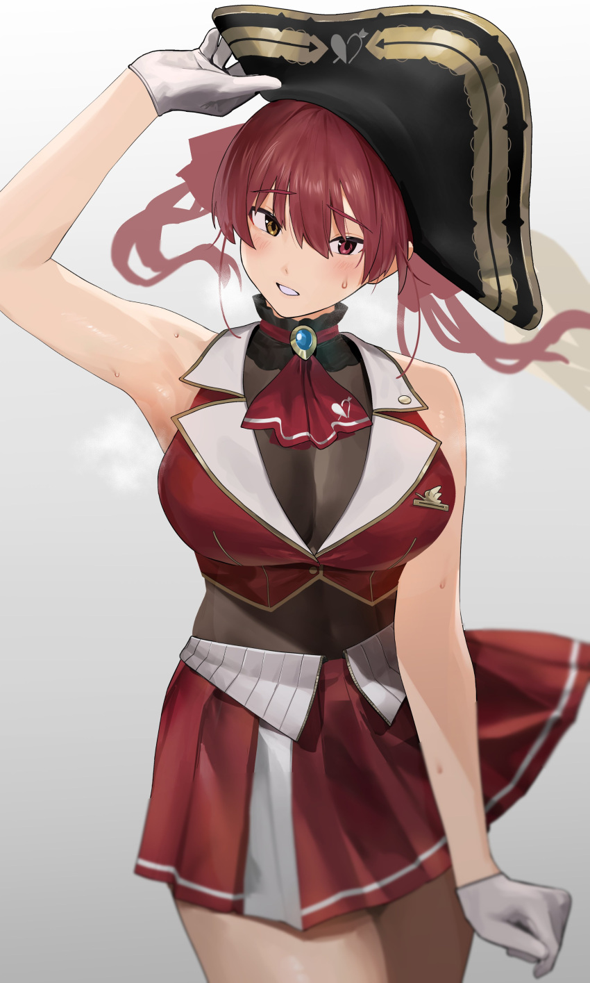 1girl absurdres bare_shoulders black_leotard breasts gloves hand_up hat heterochromia highres holding holding_clothes holding_hat hololive houshou_marine jikatarou large_breasts leotard miniskirt open_mouth pirate_hat pleated_skirt red_hair simple_background skirt solo sweat thighs virtual_youtuber white_background white_gloves