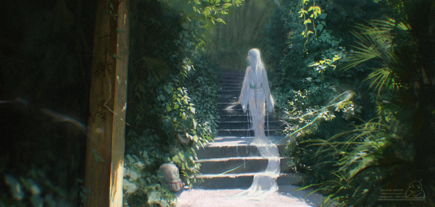 1other absurdly_long_hair androgynous blurry chunriqingqaq commentary_request day depth_of_field facing_away from_behind highres long_hair long_sleeves motion_blur nature on_stairs original outdoors palm_leaf pillar plant robe sash silver_hair sleeves_past_wrists solo stairs statue very_long_hair vines walking wide_shot wide_sleeves