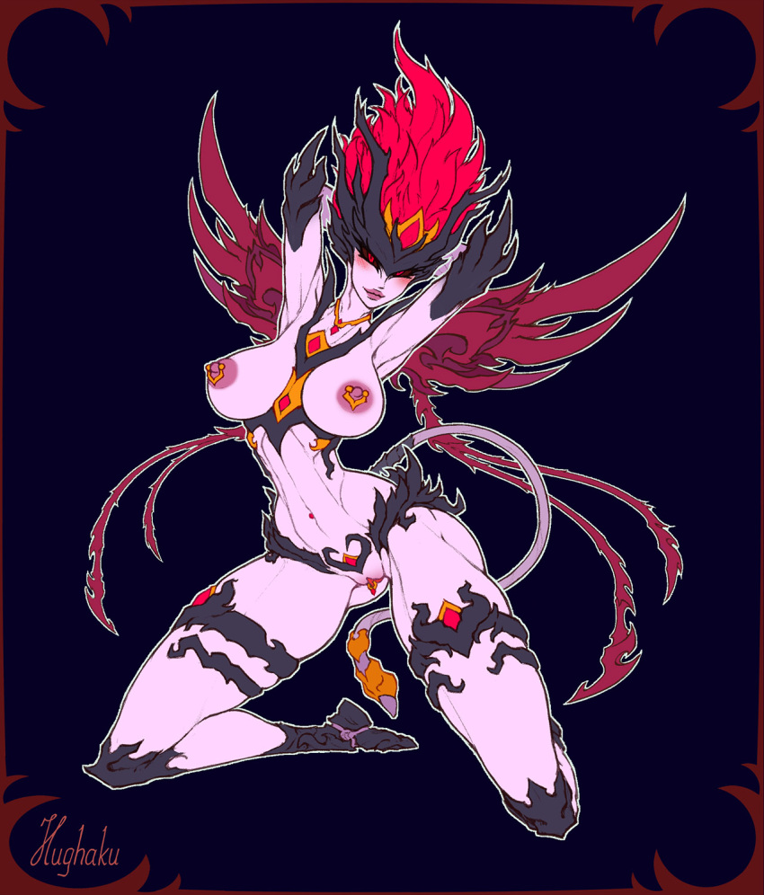 areola big_breasts black_sclera blue_background blush blush_lines breasts demon demon_humanoid eyelashes female fire flaming_hair genital_piercing genitals hair hands_behind_head hi_res himokone humanoid jewelry kneeling looking_at_viewer navel navel_piercing necklace nipple_piercing nipples piercing pink_areola pink_body pink_nipples pink_skin pseudo_hair pussy pussy_piercing red_eyes red_hair simple_background solo tail tailed_humanoid thick_thighs wide_hips winged_humanoid wings