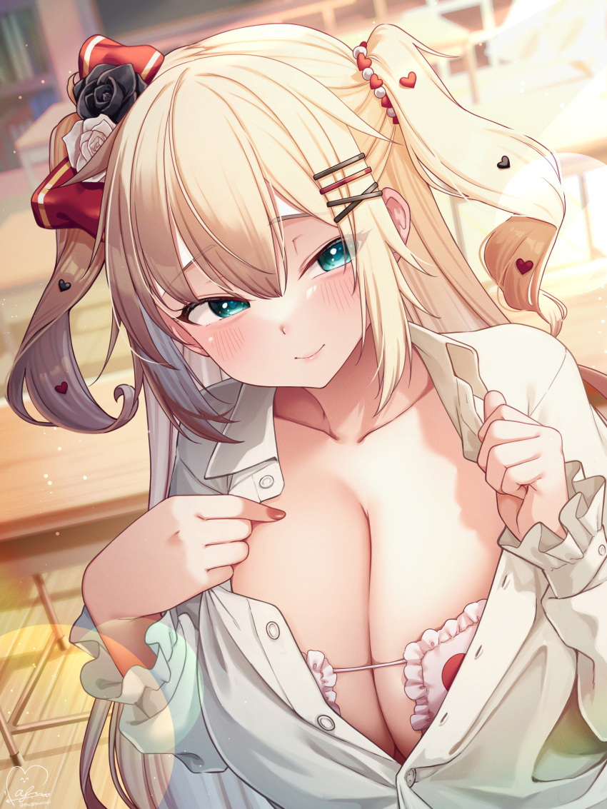 1girl akai_haato aqua_eyes black_flower black_rose blonde_hair blush bra breasts chair classroom cleavage closed_mouth collarbone collared_shirt commentary_request desk flower hair_between_eyes hair_flower hair_ornament hair_ribbon hairclip heart heart_hair_ornament highres hololive huge_breasts indoors long_hair looking_at_viewer magowasabi open_clothes open_shirt ribbon rose school_chair school_desk school_uniform shirt signature smile solo two_side_up underwear upper_body very_long_hair white_bra white_flower white_rose white_shirt wooden_floor x_hair_ornament
