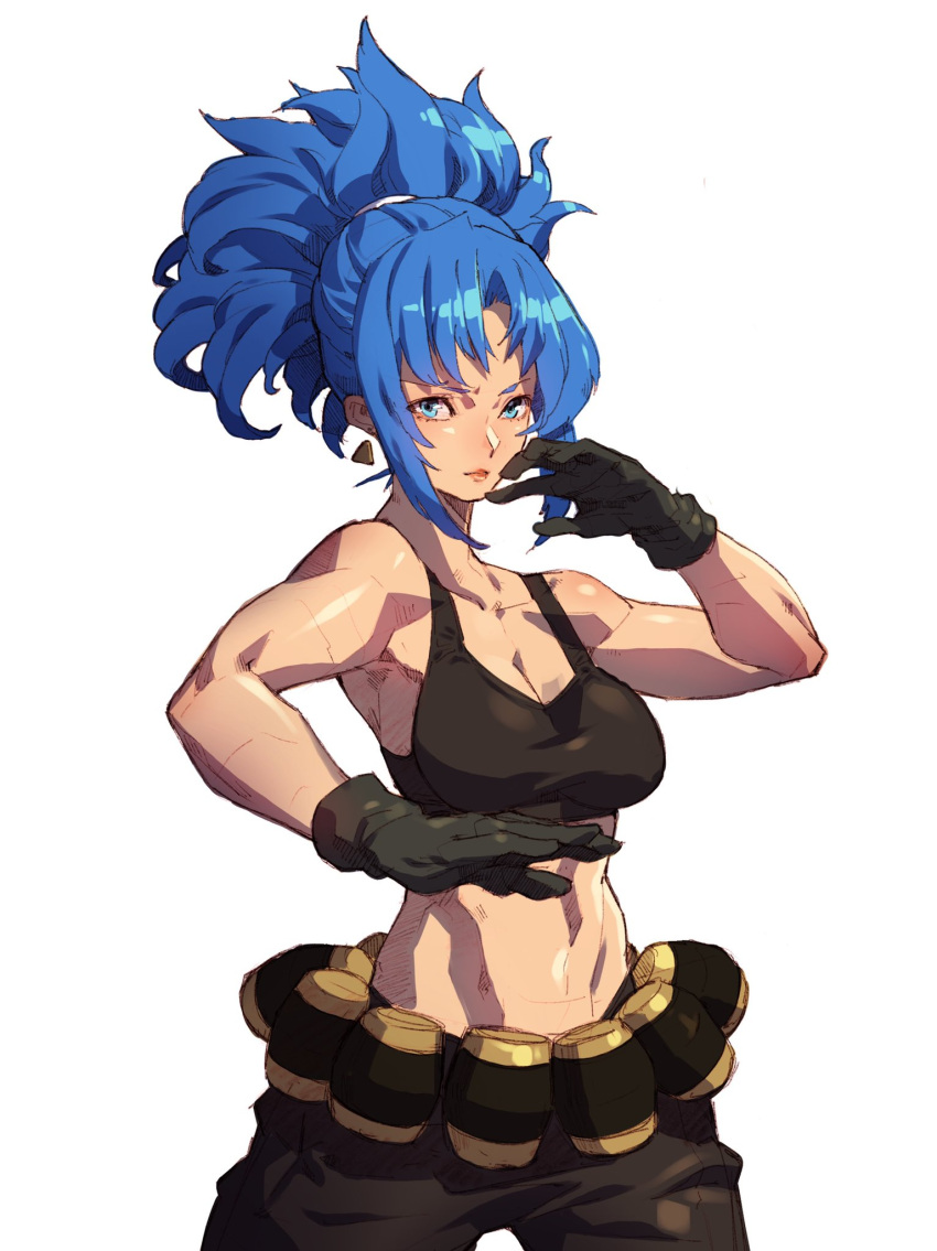 1girl ammunition_belt bangs bare_shoulders belt black_gloves blue_eyes blue_hair breasts clenched_hand earrings gloves highres jewelry leona_heidern mar10 navel ponytail simple_background solo tank_top the_king_of_fighters the_king_of_fighters_xiii triangle_earrings white_background