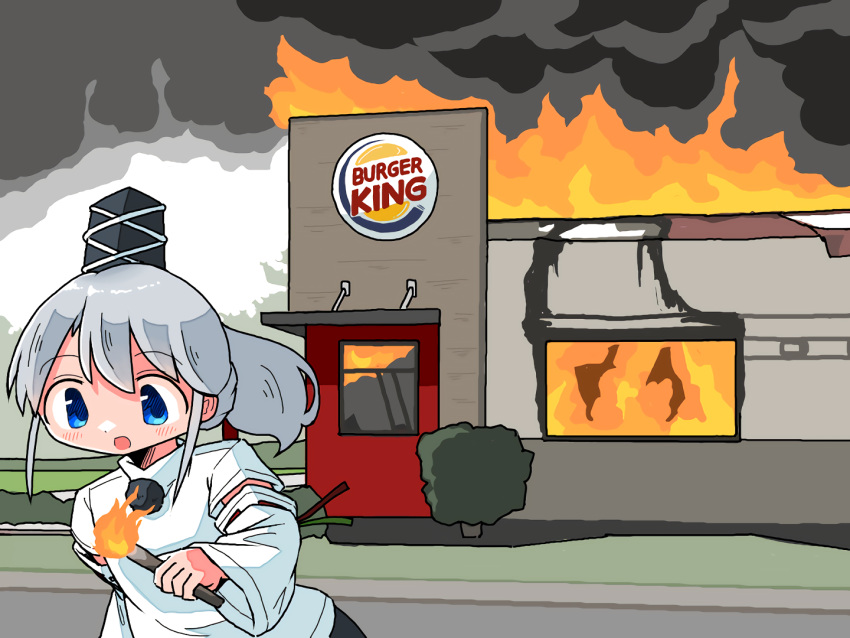 1girl arson burger_king fast_food fire grey_hair hat kasuya_baian long_hair mononobe_no_futo ponytail restaurant tate_eboshi torch touhou