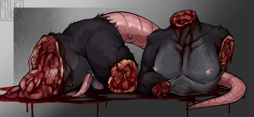 amputation amputee anthro aroused blood bodily_fluids corpse death decapitation disability erection food genitals gore guts hi_res kolkolukija male mammal meat murid murine muscular nipples organs penis piercing rat rodent slice solo