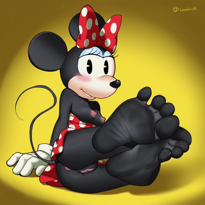 2024 4_toes absurd_res accessory anthro anus black_body black_fur blush bow_ribbon breasts butt disney exposed_breasts feet female foot_focus fur genitals hair_accessory hair_bow hair_ribbon hi_res humanoid_feet loodrick lying mammal minnie_mouse mouse murid murine nipples on_side plantigrade polka_dot_dress polka_dots pussy ribbons rodent soles solo toes toony