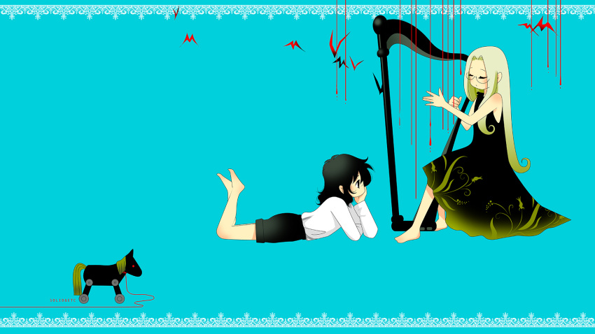 1boy 1girl aged_down alucard_(hellsing) artist_name barefoot black_dress black_hair black_shorts blonde_hair child closed_eyes dress glasses harp head_rest hellsing highres instrument integra_hellsing long_hair lying music on_stomach playing_instrument shorts simple_bat sitting toshimichi_yukari toy_horse