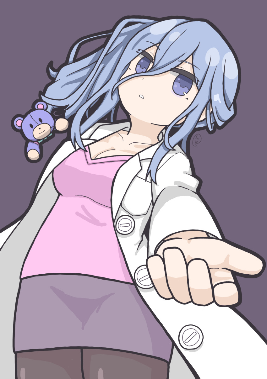 1girl absurdres blue_eyes blue_hair breasts collarbone date_a_live hair_between_eyes highres lab_coat medium_breasts murasame_reine parted_lips skirt solo stuffed_animal stuffed_toy teddy_bear yaye5353