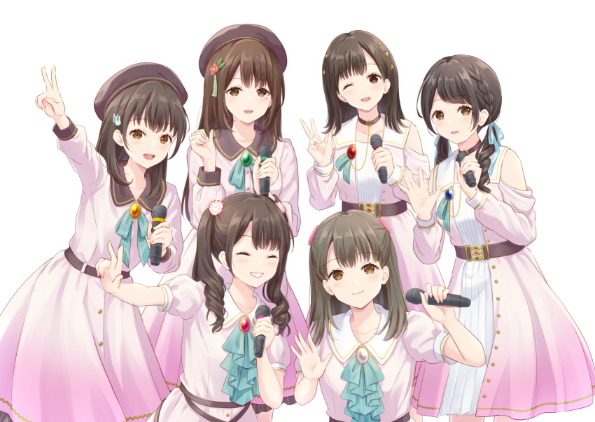 6+girls :d \||/ animification aqua_ascot aqua_bow aqua_bowtie ascot belt beret black_belt black_hair black_headwear bow bowtie braid brown_eyes brown_hair choker closed_eyes closed_mouth clothing_cutout collarbone commentary_request crossed_bangs dream_believers_(love_live!) dress flower gradient_dress hair_flower hair_ornament hanamiya_nina hat highres holding holding_microphone kan_kanna link!_like!_love_live! long_hair long_sleeves looking_at_viewer love_live! low_twintails medium_hair microphone mole mole_under_eye multiple_girls nirei_nozomi nonaka_kokona o-ring o-ring_choker one_eye_closed open_mouth parted_bangs pink_dress puffy_short_sleeves puffy_sleeves rabbit_hair_ornament real_life sasaki_kotoko short_sleeves shoulder_cutout side_braid simple_background smile soramizuki star_(symbol) star_hair_ornament striped_bow striped_bowtie striped_clothes tsukine_kona twintails upper_body v w waving white_background white_flower