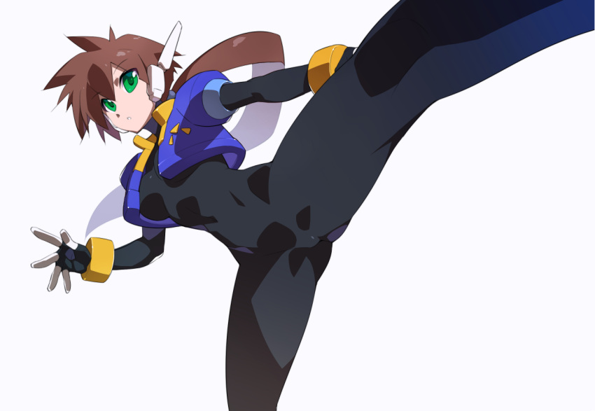 1girl aile_(mega_man_zx) black_bodysuit blue_jacket bodysuit bodysuit_under_clothes breasts brown_hair commentary_request cropped_jacket feet_out_of_frame high_kick jacket kaidou_zx kicking leg_up long_hair mega_man_(series) mega_man_zx mega_man_zx_advent no_pants open_clothes open_jacket outstretched_leg ponytail robot_ears short_sleeves simple_background small_breasts solo white_background