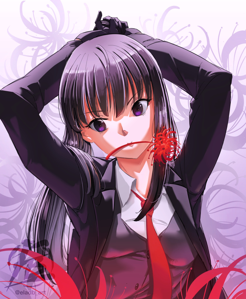 1girl arms_behind_head arms_up artist_logo black_gloves black_hair black_jacket black_suit black_vest breasts collared_shirt eladb_art floral_background flower_in_mouth gloves highres inoue_takina jacket long_hair long_sleeves looking_at_viewer lycoris_recoil medium_breasts mouth_hold necktie open_clothes open_jacket ponytail purple_eyes red_necktie red_spider_lily shirt solo suit suit_jacket upper_body vest white_shirt