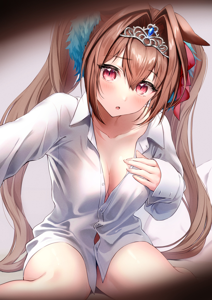 1girl :o bangs blush borrowed_garments breasts brown_hair collarbone collared_shirt commentary_request commission daiwa_scarlet_(umamusume) dress_shirt hair_between_eyes hand_on_own_chest highres long_hair long_sleeves looking_at_viewer medium_breasts mikazuki_mika no_pants open_mouth outstretched_arm partially_unbuttoned pixiv_request pov reaching_out red_eyes shirt sitting solo tiara twintails umamusume very_long_hair waking_another wariza white_shirt