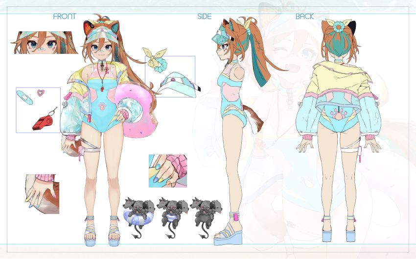 1girl absurdres animal_ears aqua_hair bandaid brown_hair clothing_cutout colored_inner_hair dog_ears dog_girl green_eyes hair_ornament hair_scrunchie harutask highres jacket lifeguard mascot miyoshino_shiki multicolored_hair multicolored_nails navel_cutout official_alternate_costume official_alternate_hairstyle paw_print ponytail power_symbol prism_project prosthetic_ear scrunchie second-party_source see-through see-through_sleeves see-through_swimsuit streaked_hair thigh_strap whistle