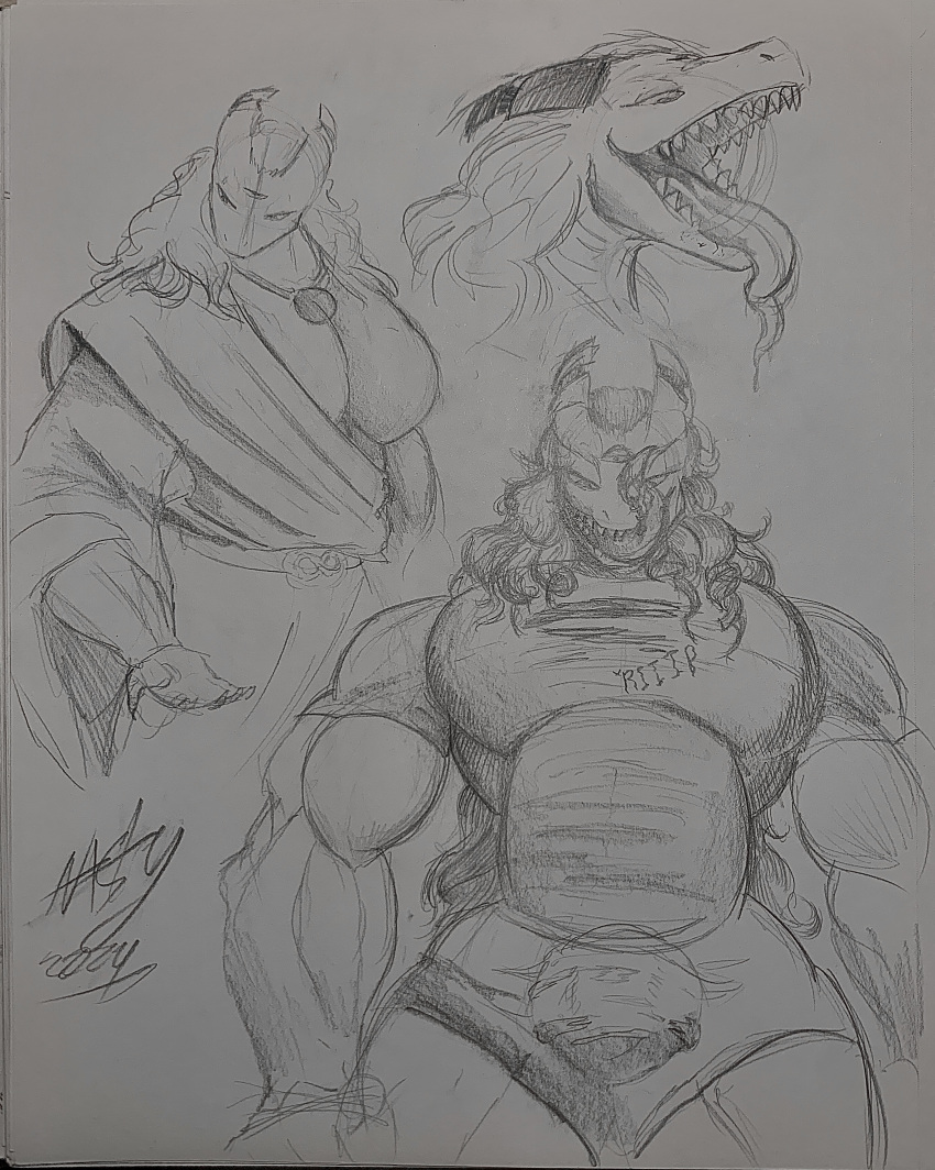 absurd_res anthro big_bulge big_muscles big_pecs bulge clothing dragon graphite_(artwork) growth hair hi_res long_hair long_tongue low-angle_view male mouth_shot muscle_growth muscular muscular_anthro muscular_male mythological_creature mythological_scalie mythology nastyfr open_mouth pecs pencil_(artwork) scalie sharp_teeth teeth toga tongue torn_clothing traditional_media_(artwork)