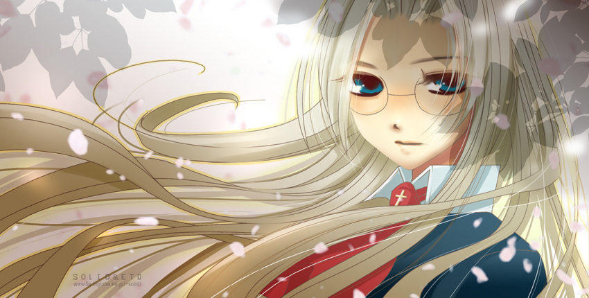 1girl aged_down artist_name ascot blonde_hair blue_eyes expressionless glasses hellsing integra_hellsing long_hair petals portrait red_ascot solo toshimichi_yukari tree_shade web_address