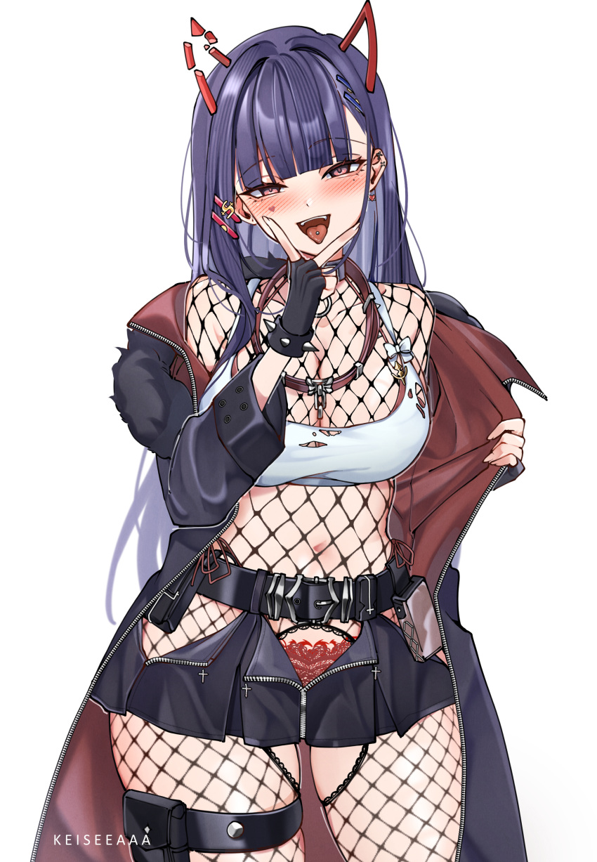 1girl absurdres akuma_nihmune artist_name belt belt_buckle blunt_bangs blush bracelet breasts buckle collar commission cowboy_shot cross demon_girl demon_horns earrings english_commentary fingerless_gloves fishnets gloves heart highres horns indie_virtual_youtuber jacket jewelry keisea large_breasts long_hair long_sleeves looking_at_viewer mole mole_under_eye navel open_mouth piercing pink_eyes pubic_tattoo purple_hair simple_background solo spiked_bracelet spikes tattoo teeth thigh_strap tongue tongue_out tongue_piercing virtual_youtuber watermark white_background zipper