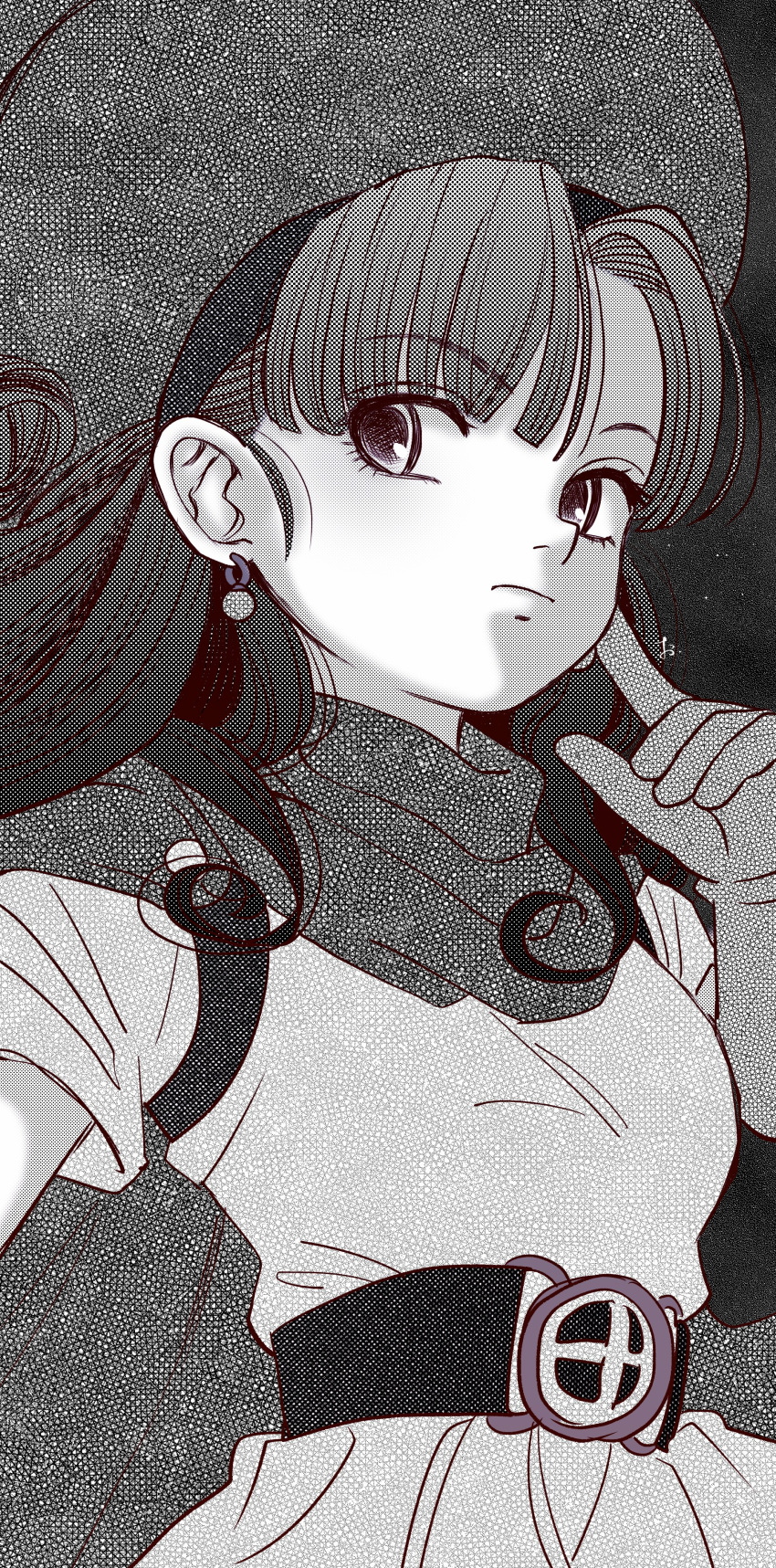 1girl absurdres alena_(dq4) belt cape dragon_quest dragon_quest_iv earrings expressionless gloves greyscale hat highres jewelry long_hair looking_to_the_side monochrome okita_(sukult_4) solo