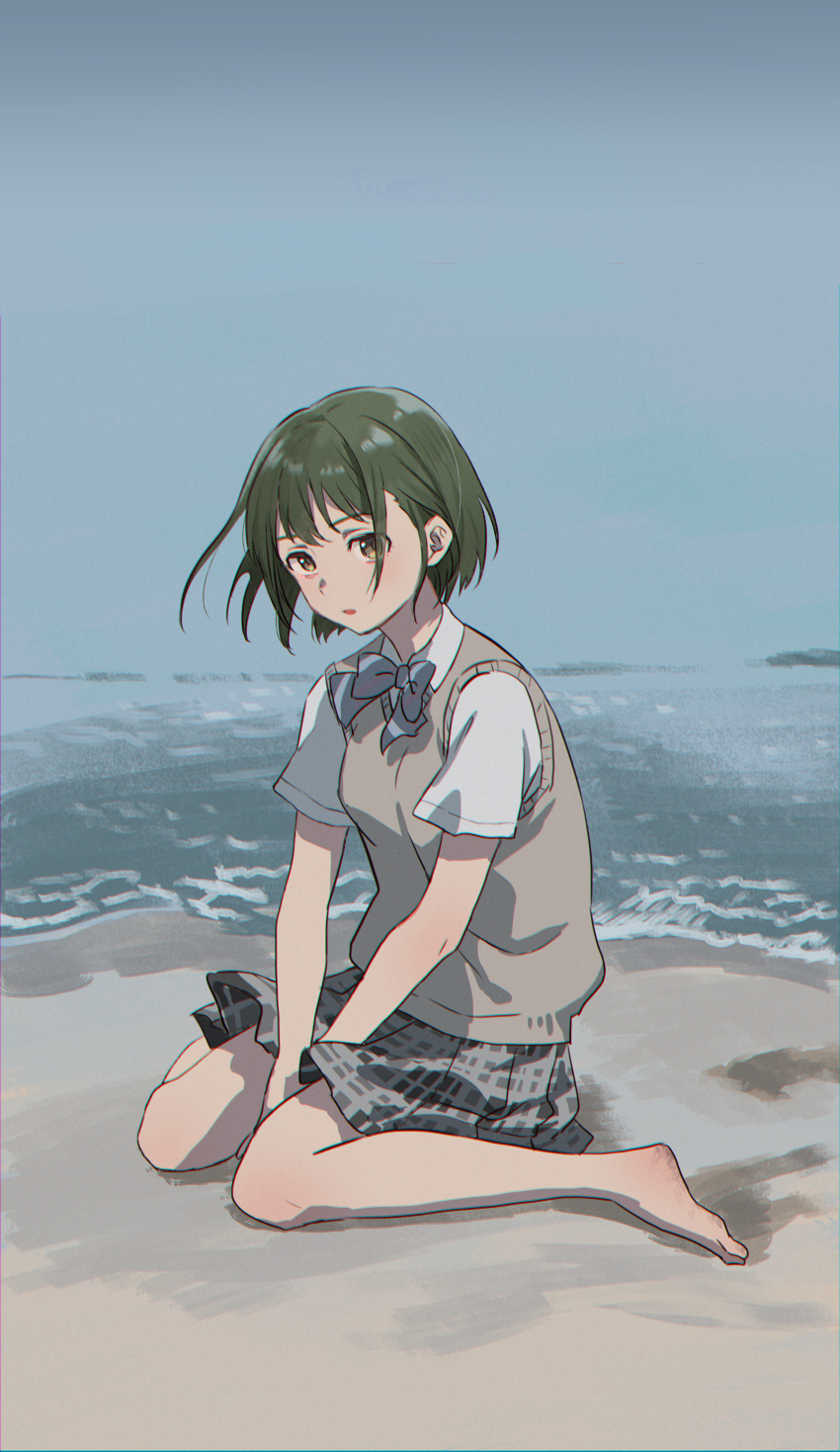 1girl absurdres bare_legs barefoot beach between_legs blue_bow blue_bowtie bow bowtie collared_shirt emu_(emum) full_body green_eyes green_hair grey_skirt grey_sky hand_between_legs highres horizon idolmaster idolmaster_shiny_colors looking_at_viewer nanakusa_nichika ocean outdoors parted_lips plaid plaid_skirt pleated_skirt sand school_uniform shirt shore short_hair short_sleeves sitting skirt sky solo sweater_vest uniform vest wariza water white_shirt