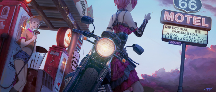 2girls blunt_bangs brown_hair cigarette cloud crop_top da_tengzi denim denim_shorts detached_sleeves dress english_text facing_away frilled_dress frills from_behind gas_station grey_hair hakozaki_serika hand_up hat headlight highres holding holding_cigarette idolmaster idolmaster_million_live! idolmaster_million_live!_theater_days julia_(idolmaster) leaning_against_motorcycle midriff motor_vehicle motorcycle multiple_girls neon_sign open_mouth outdoors pink_dress pink_hair plaid plaid_dress red_hair shirt short_hair short_sleeves shorts sign signature sky standing string_lights