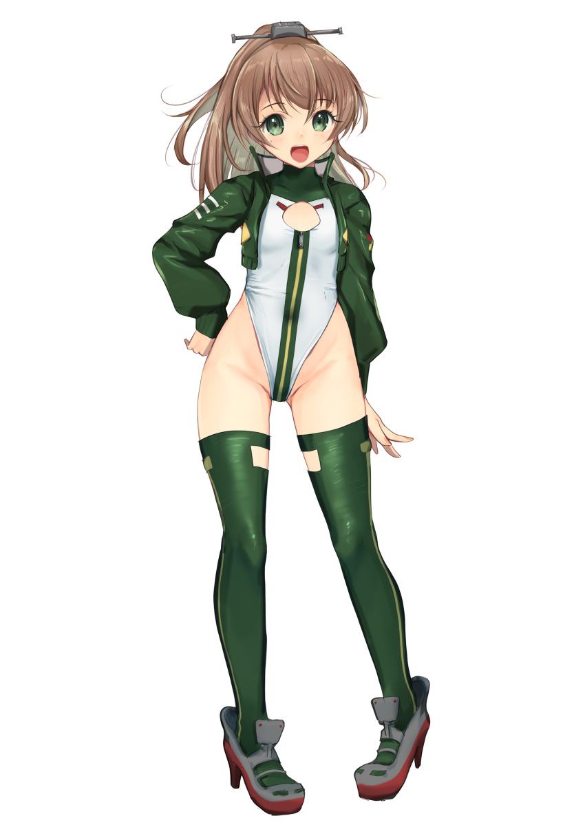 1girl absurdres adapted_costume alice_gear_aegis brown_hair circle_cutout cleavage_cutout clothing_cutout companion/af covered_collarbone feet_out_of_frame front_zipper full-length_zipper full_body green_eyes green_jacket green_thighhighs hair_ornament high_heels highleg highleg_leotard highres jacket kantai_collection kumano_(kancolle) leotard long_hair race_queen simple_background sleeveless_turtleneck_leotard smile solo thighhighs turtleneck_leotard two-tone_leotard white_background white_leotard yashin_(yasinz) zipper zipper_leotard zipper_pull_tab