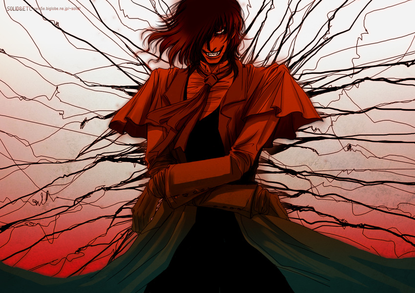 1boy alucard_(hellsing) artist_name ascot evil_grin evil_smile gloves grin hair_over_one_eye hellsing long_coat male_focus medium_hair red_theme smile solo toshimichi_yukari web_address