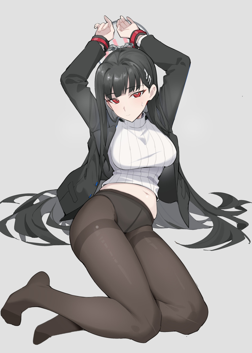 1girl absurdres arms_up black_hair black_halo black_pantyhose black_suit blue_archive bound bound_wrists breasts bright_pupils cuffs full_body hair_ornament hairclip halo highres jacket large_breasts navel no_pants no_shoes open_clothes open_jacket pantyhose red_eyes ribbed_sweater rio_(blue_archive) seiza seminar_(blue_archive) shackles sitting suit sweater tamago_(eva1314056) turtleneck turtleneck_sweater white_pupils