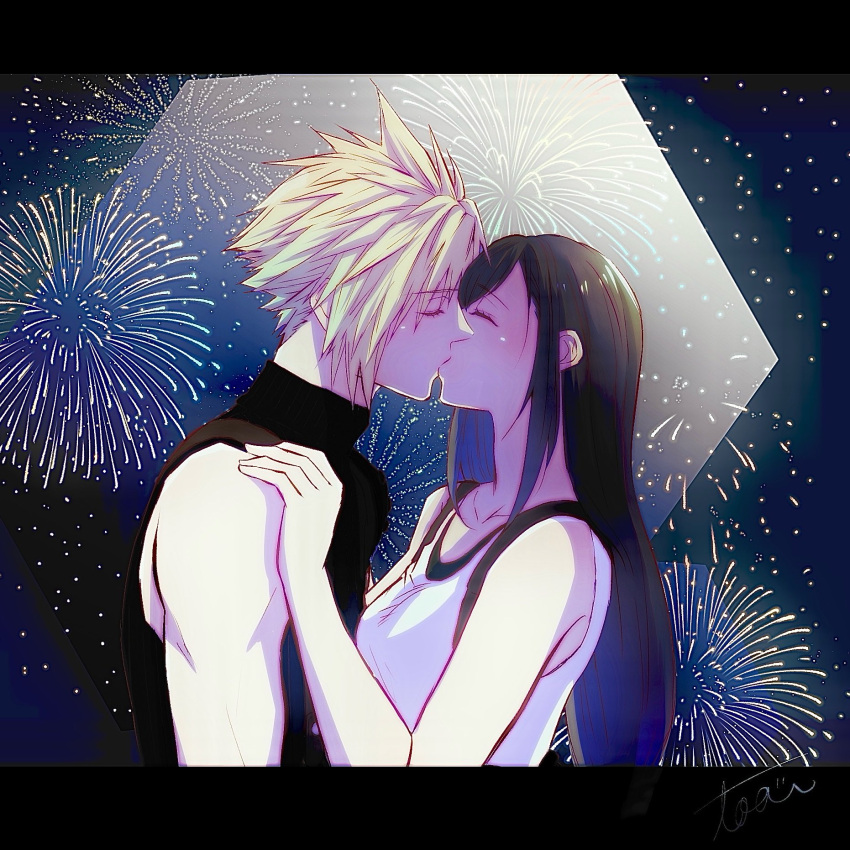 1boy 1girl bare_shoulders black_hair blonde_hair breasts closed_eyes cloud_strife collarbone commentary couple crop_top final_fantasy final_fantasy_vii final_fantasy_vii_rebirth final_fantasy_vii_remake fireworks from_side hand_on_another's_shoulder hetero highres kiss light_blush long_hair medium_breasts night night_sky short_hair sidelocks sky sleeveless sleeveless_turtleneck spiked_hair star_(sky) starry_sky suspenders sweater swept_bangs tank_top tifa_lockhart toa_ot turtleneck turtleneck_sweater upper_body white_tank_top