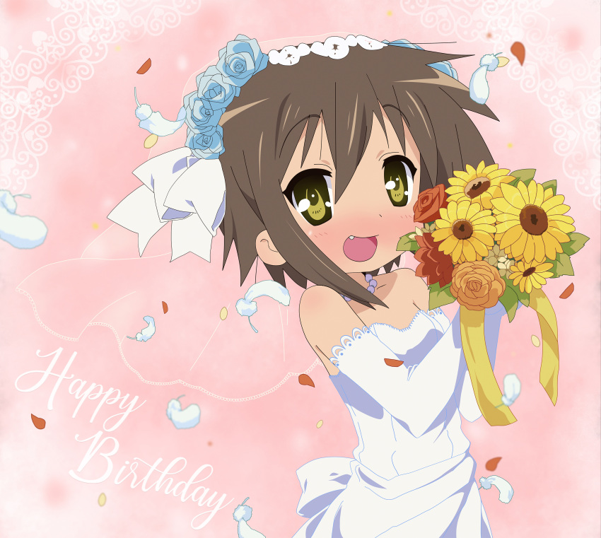 1girl :d absurdres back_bow bare_shoulders blush bouquet bow brown_hair commentary_request dress elbow_gloves english_text fang flower flower_hairband gloves hairband hands_up happy_birthday highres holding holding_bouquet jewelry kusakabe_misao looking_at_viewer lucky_star meatball03 necklace pearl_necklace petals pink_background smile solo strapless strapless_dress sunflower upper_body wedding_dress white_bow white_dress white_gloves white_hairband yellow_eyes yellow_flower