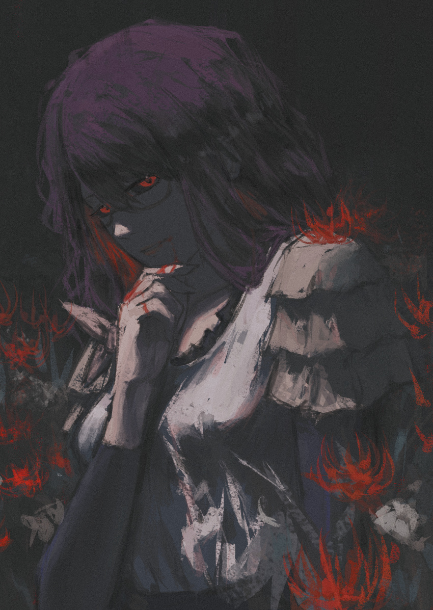 absurdres blood dark_background dress flower hand_on_own_chin highres kamishiro_rize looking_at_viewer purple_eyes red_eyes red_spider_lily shiej007 smile tokyo_ghoul