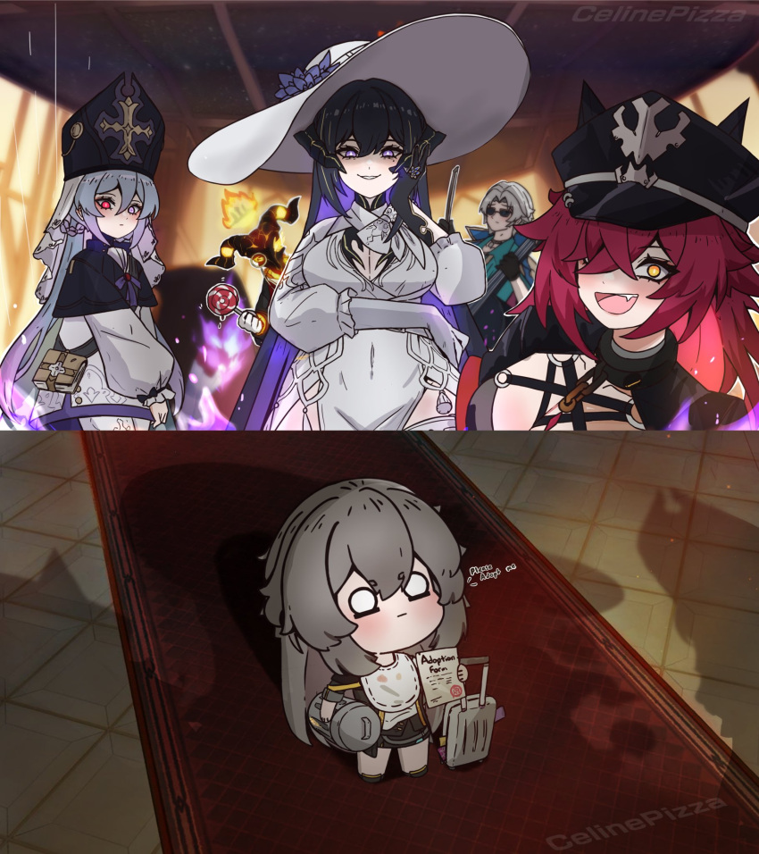 2boys 4girls :d akash_(honkai:_star_rail) arm_under_breasts bib black_gloves bow_(music) breasts candy caterina_(honkai:_star_rail) celinepizza cello chain_necklace chibi choker cleavage_cutout clothing_cutout coat commentary constance_(honkai:_star_rail) demon_horns dress dubra_(honkai:_star_rail) duke_inferno_(honkai:_star_rail) fire food for_adoption gloves glowing glowing_eyes grey_hair hair_between_eyes hair_over_one_eye hand_on_own_cheek hand_on_own_face hat heterochromia highres holding holding_candy holding_food holding_lollipop holding_paper honkai:_star_rail honkai_(series) horns instrument jewelry large_breasts lollipop long_hair looking_up military_hat mitre monocle multiple_boys multiple_girls necklace o_o open_clothes open_coat paper photo_background purple_eyes red_eyes ribbon_braid shirt smile stelle_(honkai:_star_rail) sun_hat sunglasses symbol-shaped_pupils trailblazer_(honkai:_star_rail) trash_can watermark white_dress white_gloves white_hair white_shirt yellow_eyes