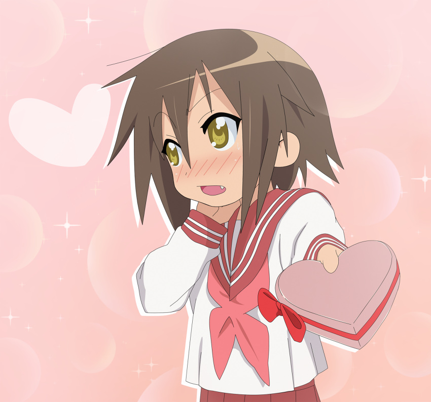 1girl blush box brown_hair commentary fang hand_on_own_neck heart heart-shaped_box highres kusakabe_misao long_sleeves looking_to_the_side lucky_star meatball03 medium_hair neckerchief parted_lips pink_background pleated_skirt red_neckerchief red_sailor_collar red_skirt ryouou_school_uniform sailor_collar school_uniform skirt sleeve_cuffs solo sparkle_background upper_body valentine yellow_eyes