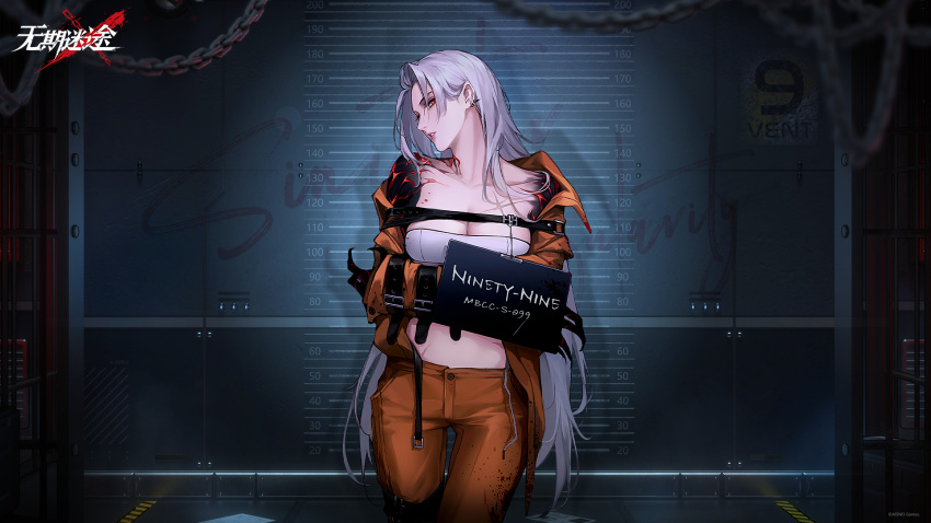 1girl against_wall bound bound_arms breasts chain character_name cleavage copyright_name cowboy_shot gradient_skin height_mark highres indoors jacket large_breasts logo long_hair looking_at_viewer looking_to_the_side mugshot ninety-nine_(path_to_nowhere) official_art official_wallpaper open_clothes open_jacket orange_jacket orange_pants pants path_to_nowhere prison_cell prison_clothes profile red_eyes sign solo stomach straitjacket strapless tube_top turning_head white_hair white_tube_top