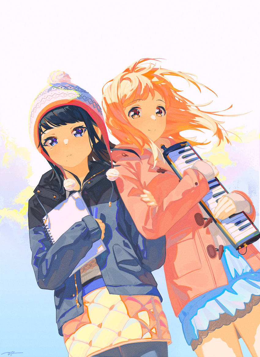 2girls absurdres beanie black_hair blue_eyes brown_eyes closed_mouth coat cowboy_shot da_tengzi hat highres holding holding_instrument hood idolmaster idolmaster_shiny_colors instrument jacket kazano_hiori keyboard_(instrument) light_brown_hair long_hair long_sleeves looking_at_viewer melodica mole multiple_girls orange_hair pantyhose pink_jacket pom_pom_(clothes) purple_eyes sakuragi_mano signature skirt smile