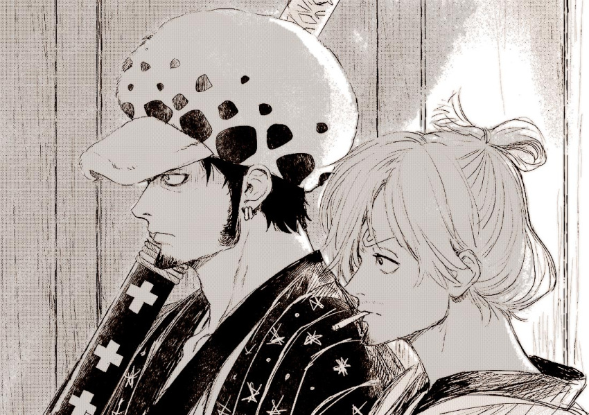 2boys chief_(chiefvinsmoke) cigarette closed_mouth commentary_request curly_eyebrows earrings facial_hair from_side fur_hat goatee hair_over_one_eye hat holding holding_sheath holding_sword holding_weapon japanese_clothes jewelry kimono long_hair looking_ahead male_focus monochrome mouth_hold multiple_boys one_piece profile sanji_(one_piece) sheath short_hair standing sword trafalgar_law upper_body weapon yaoi