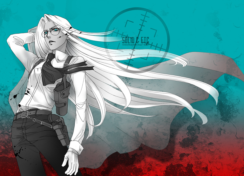 1girl artist_name blue_eyes breasts cape cowboy_shot frown glasses gloves greyscale_with_colored_background gun hellsing holding holding_cape holding_clothes holster holstered integra_hellsing long_hair multicolored_background serious shoulder_holster small_breasts solo spot_color toshimichi_yukari very_long_hair weapon web_address