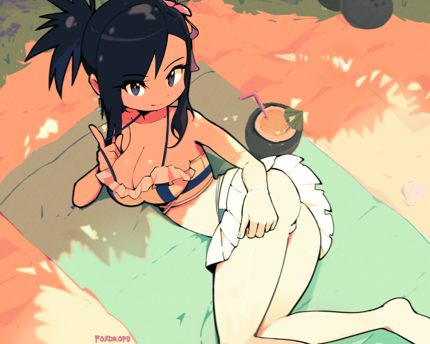 1girl absurdres ass bare_legs beach_mat bikini bikini_skirt black_hair breasts cleavage coconut coconut_cup drinking_straw final_fantasy final_fantasy_vii final_fantasy_vii_rebirth final_fantasy_vii_remake flower foxdropsdraws frilled_bikini frills fruit_cup hair_flower hair_ornament highres large_breasts lying microskirt official_alternate_costume official_alternate_hairstyle on_side sand seashell shade shell skirt smile solo strap_pull swimsuit tifa_lockhart tifa_lockhart_(shining_spirit)