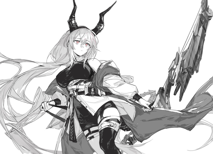 1girl arknights belt bow_(weapon) breasts commentary dot_nose dress frown highres holding holding_bow_(weapon) holding_weapon horns hug_(yourhug) jacket large_breasts long_hair looking_to_the_side multiple_belts red_pupils simple_background sketch solo spot_color thighhighs typhon_(arknights) very_long_hair weapon white_background