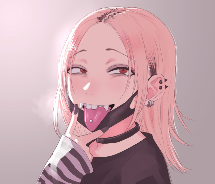 1girl absurdres blonde_hair buck_teeth choker ear_piercing earrings emo_fashion fangs goth_fashion gyaru highres jewelry koma_neko mask medium_hair mouth_mask multicolored_hair nail_polish original parted_bangs piercing punk red_eyes roots_(hair) simple_background striped_clothes teeth tongue tongue_out tongue_piercing yagami_suzuko