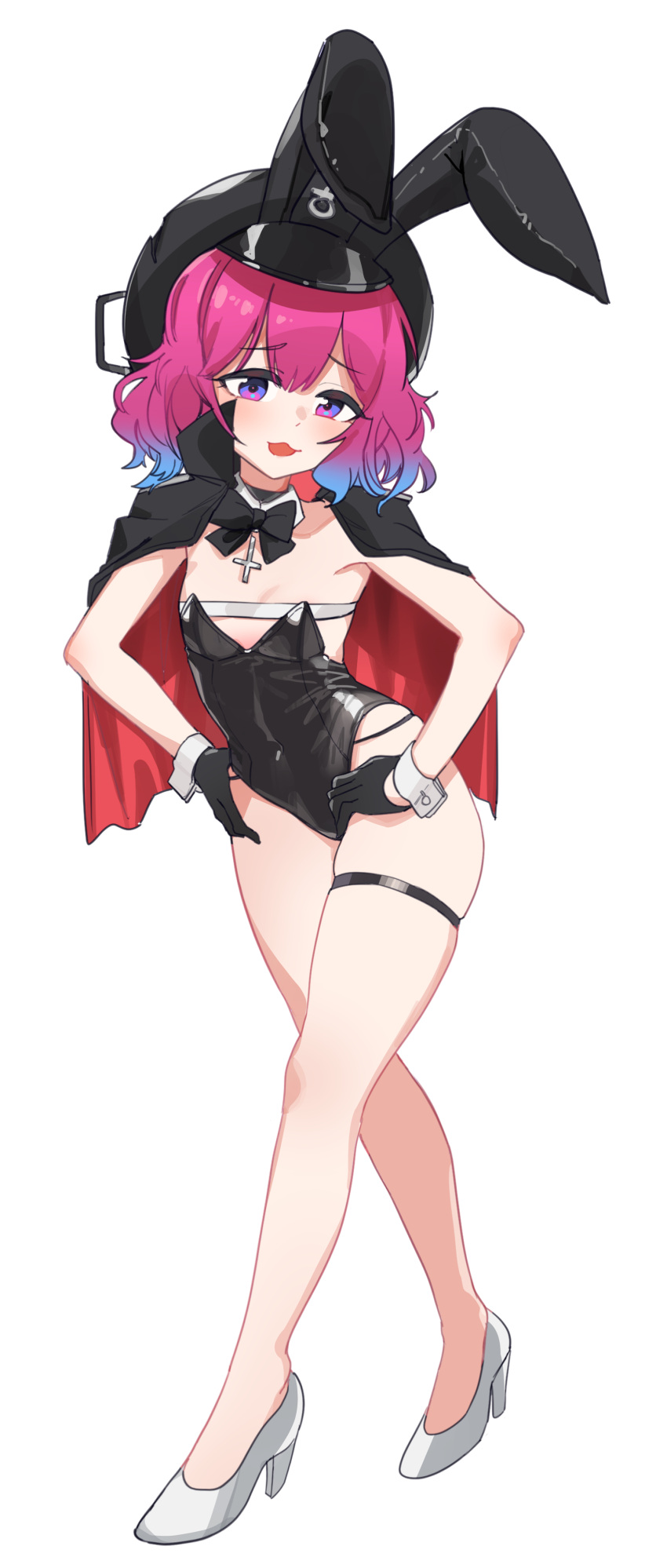 1girl :d absurdres animal_ears animal_hat aningay black_cape black_gloves black_hair black_leotard blue_hair breasts cabbie_hat cape copyright_request fake_animal_ears gloves gradient_hair hands_on_own_hips hat high_heels highres leotard looking_at_viewer multicolored_hair playboy_bunny purple_eyes purple_hair rabbit_ears rabbit_hat shoes simple_background small_breasts smile solo strapless strapless_leotard white_background white_footwear wrist_cuffs