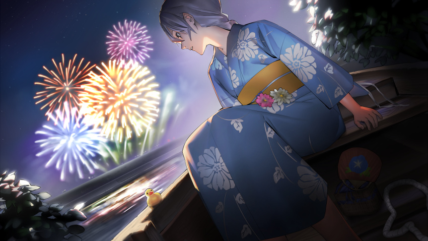 1girl alternate_costume bag blue_kimono bush commentary_request dutch_angle feet_out_of_frame fireworks floral_print_kimono flower grey_hair hand_fan handbag highres japanese_clothes kimono long_hair long_sleeves looking_to_the_side mi8pq night obi obijime outdoors paper_fan parted_lips pink_flower profile rowboat rubber_duck sash sekka_yufu solo star_(sky) uchiwa utau water white_flower yukata