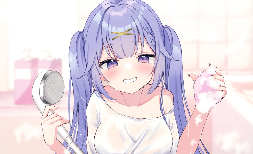 1girl blurry blurry_background blush braid breasts collarbone hair_ornament hamico highres holding holding_shower_head indie_virtual_youtuber long_hair purple_hair second-party_source shirt shower_(place) shower_head smile solo twintails upper_body virtual_youtuber wet white_shirt x_hair_ornament yunico_(vtuber)