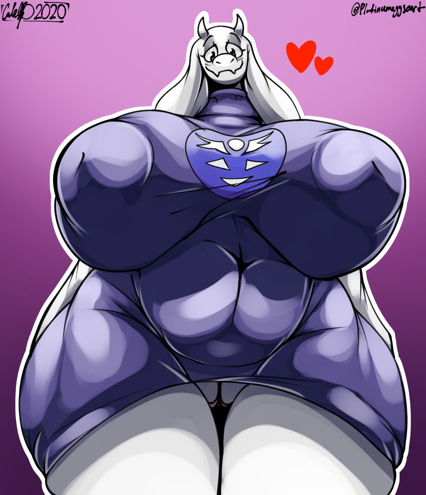 &lt;3 absurd_res anthro belly big_belly big_breasts blush boss_monster bovid breasts caprine clothed clothing english_text female genitals goat hi_res horn huge_breasts huge_hips huge_thighs inverted_nipples looking_at_viewer mammal navel nipple_outline nipples no_underwear platinumeggs puffy_nipples pussy red_eyes robe slightly_chubby smile solo text thick_thighs toriel undertale undertale_(series) video_games white_body wide_hips