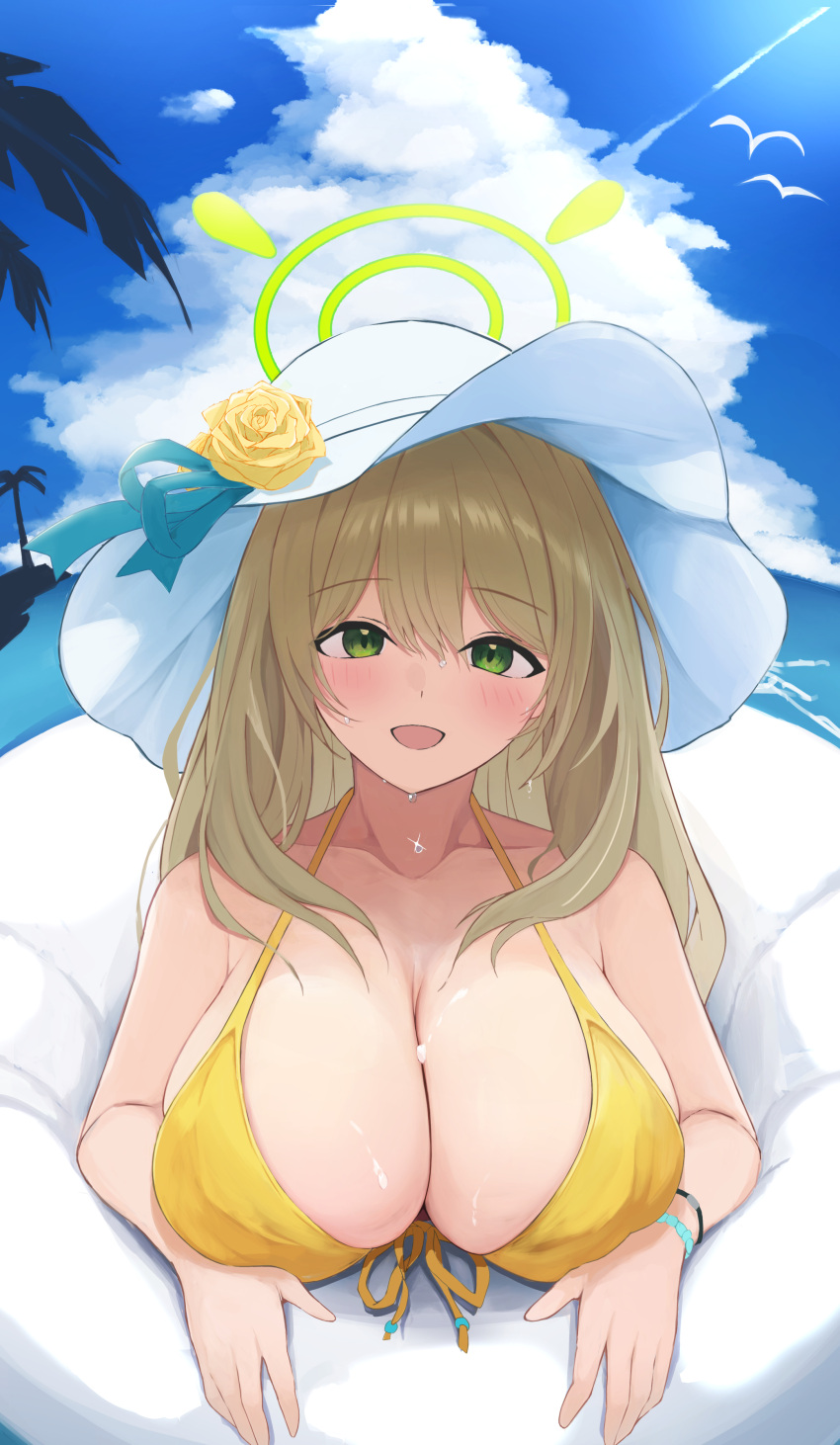 1girl absurdres bare_arms bare_shoulders bikini bird blue_archive blue_ribbon blue_sky blush bracelet breasts cleavage cloud collarbone commentary cumulonimbus_cloud day flower front-tie_bikini_top front-tie_top green_eyes green_halo hair_between_eyes halo halterneck hands_up hat hat_flower hat_ribbon highres hiiragi7s horizon innertube jewelry large_breasts light_brown_hair long_hair looking_at_viewer nonomi_(blue_archive) nonomi_(swimsuit)_(blue_archive) ocean official_alternate_costume open_mouth outdoors palm_tree ribbon seagull sky smile solo sparkle sun_hat swim_ring swimsuit tree upper_body wet wet_hair white_hat yellow_bikini yellow_flower