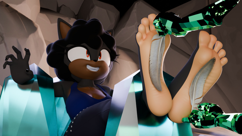 3d_(artwork) 5_toes anthro barefoot breasts canid canine chrystix_(twintails3d) cleavage clothed clothing crystal digital_media_(artwork) disembodied_hand domestic_cat dominant dominant_male duo fan_character feathers feet felid feline felis female fox hi_res humanoid_feet male mammal onnie_(twintails3d) plantigrade restraints shoes_removed stocks submissive submissive_female tickling tickling_feet toes twintails3d