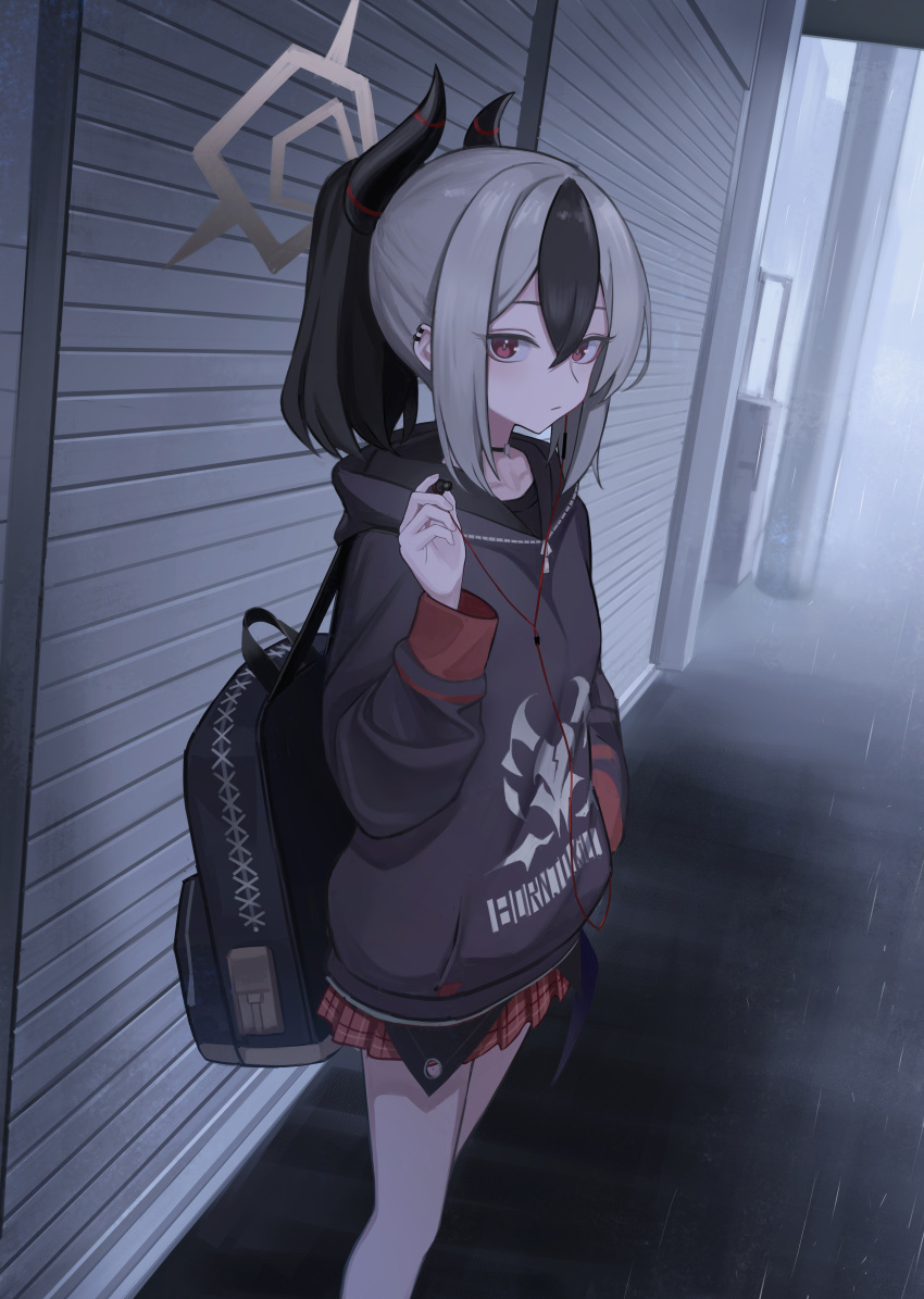 1girl absurdres backpack bag bare_legs black_hair black_hoodie blue_archive closed_mouth demon_horns earphones feet_out_of_frame fog hair_between_eyes hair_ornament hairclip halo hand_in_pocket hand_up highres holding holding_earphones hood hood_down hoodie horns kayoko_(blue_archive) kit long_sleeves looking_at_viewer medium_hair miniskirt multicolored_hair outdoors plaid plaid_skirt pleated_skirt ponytail rain red_eyes red_skirt skirt solo two-tone_hair white_hair