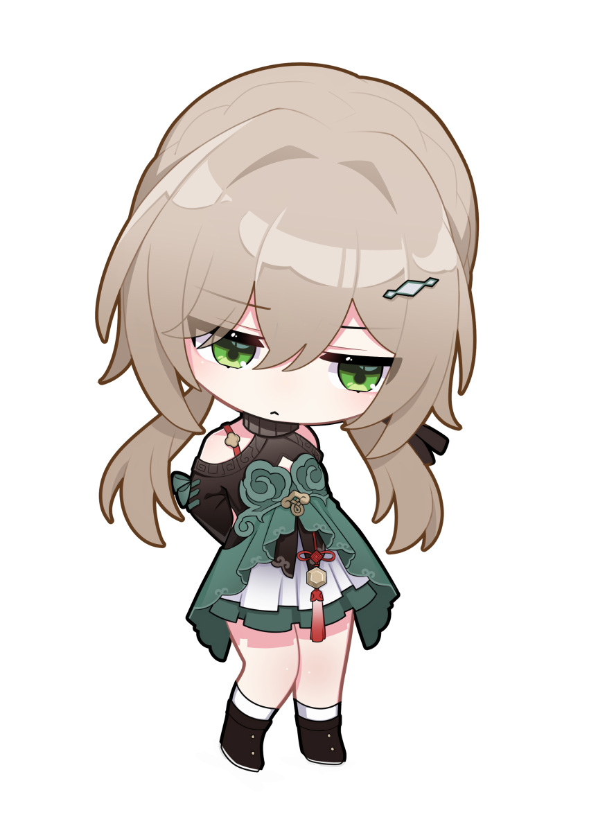 1girl absurdres ankle_boots ankle_socks arms_behind_back bare_legs bare_shoulders black_footwear black_ribbon boots chibi contrapposto dress frown green_dress green_eyes hair_between_eyes hair_intakes hair_ornament hair_ribbon hairclip high-low_skirt highres honkai:_star_rail honkai_(series) layered_dress light_brown_hair long_hair looking_down low_twintails pleated_dress qingque_(honkai:_star_rail) ribbon ruochi_lk shrug_(clothing) simple_background socks spaghetti_strap strapless strapless_dress tassel turtleneck twintails white_background white_socks